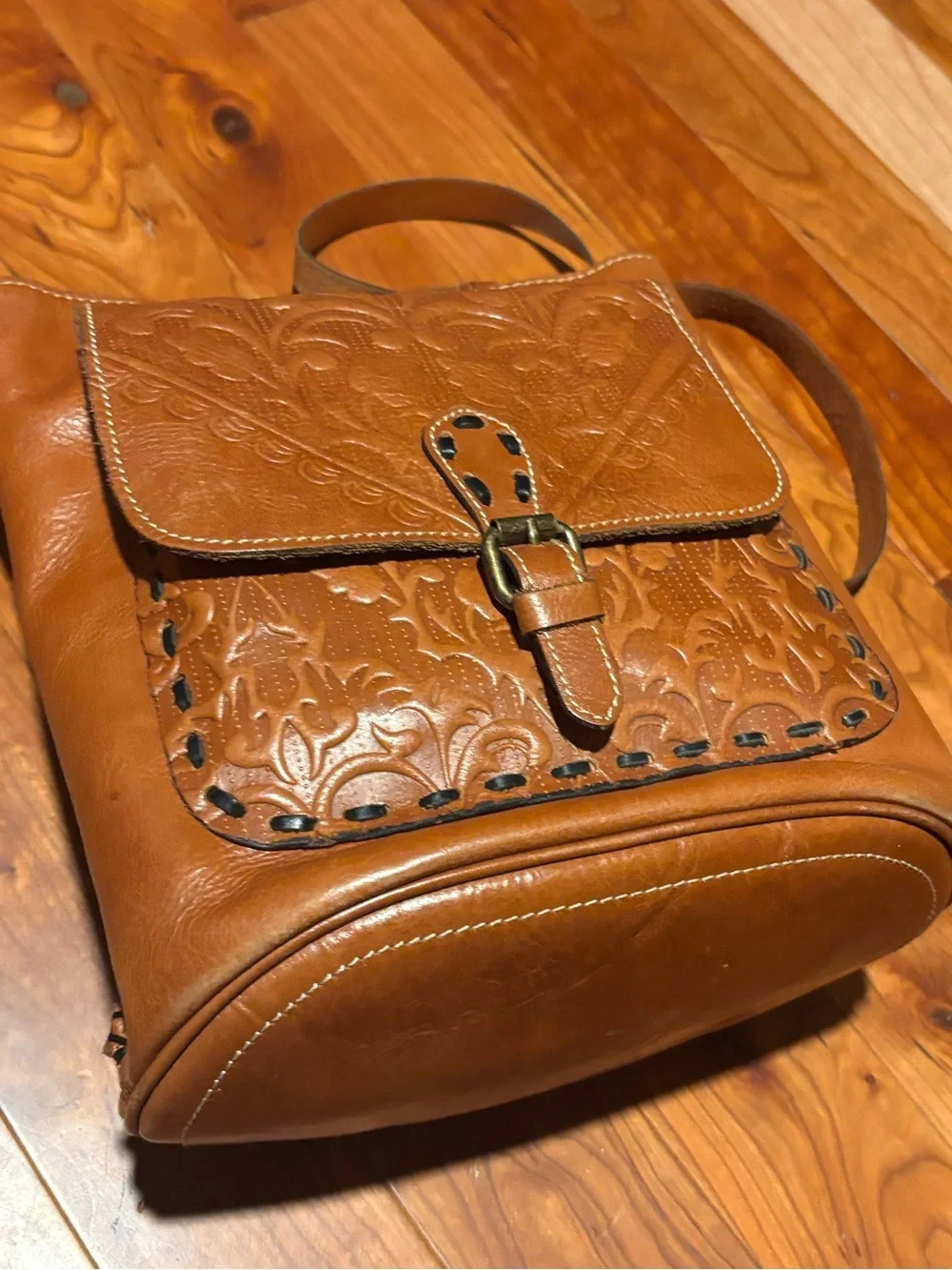 Patricia Nash Italian Leather Cognac Brown Tooled Crossbody Bag with Whipstitch